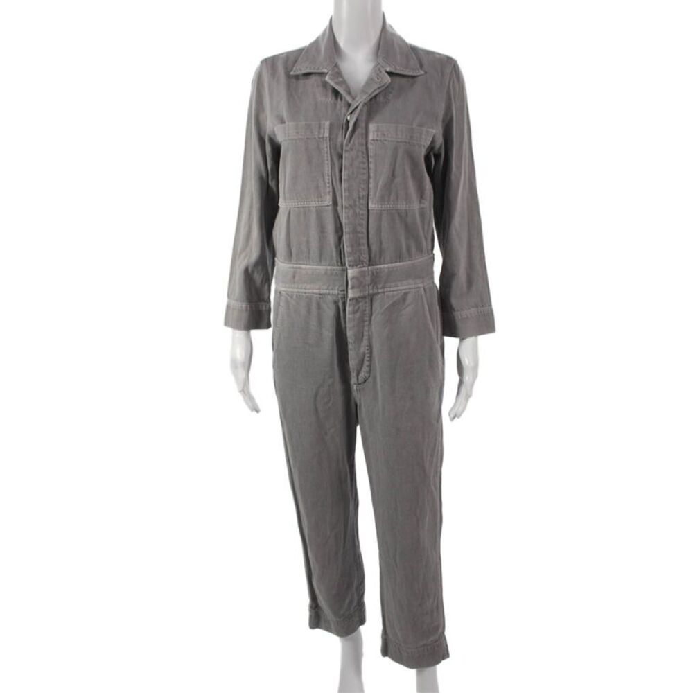 Amo Women Collared Long Sleeve Utility Jumpsuit Gray Button Size S